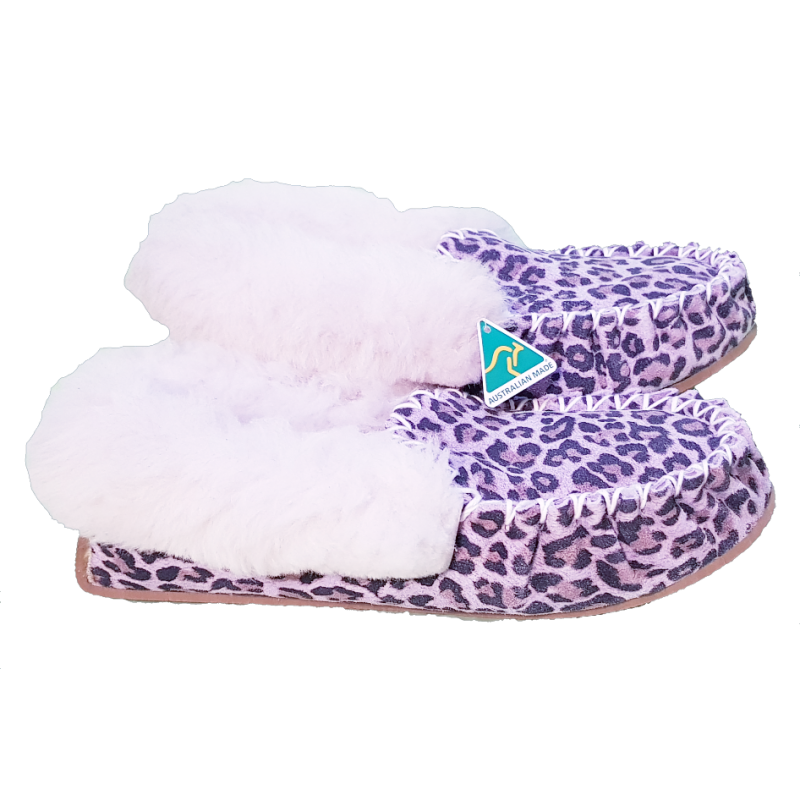 Snow Leopard Sheepskin Moccasin Slippers side