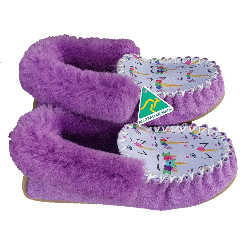 Light Purple Unicorn Sheepskin Moccasin Slippers side
