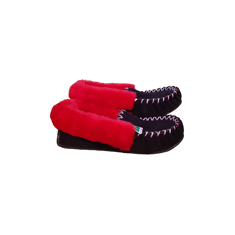 Black Red Sheepskin Moccasin Slippers side