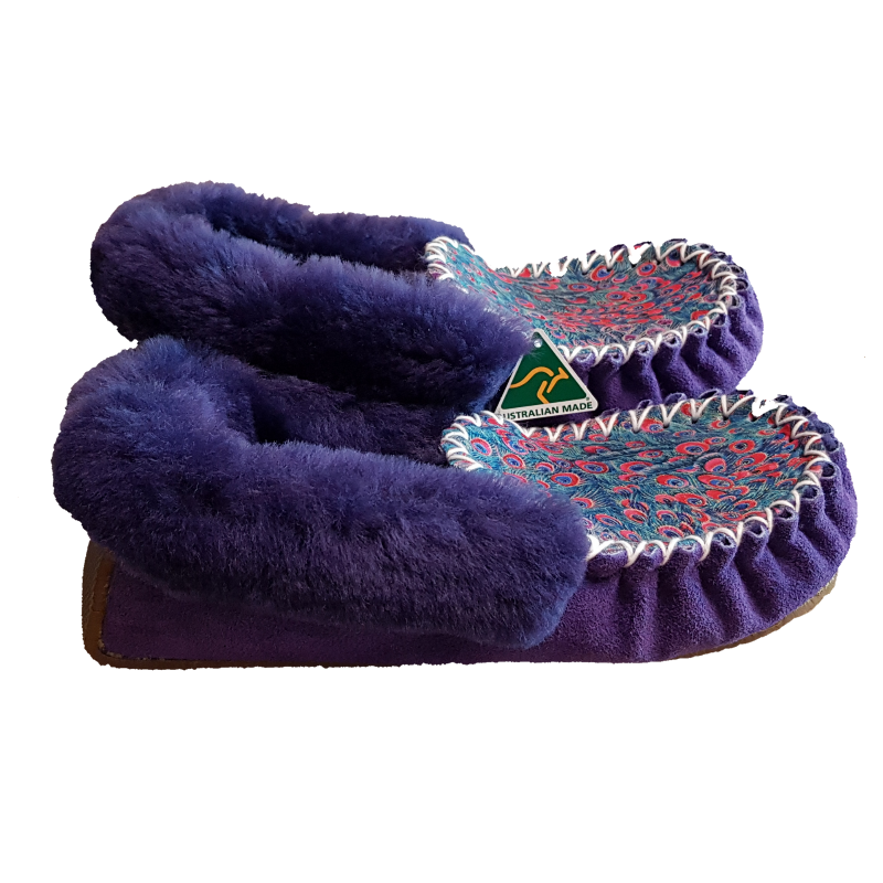 Red Eyed Peacock Sheepskin Moccasin Slippers side