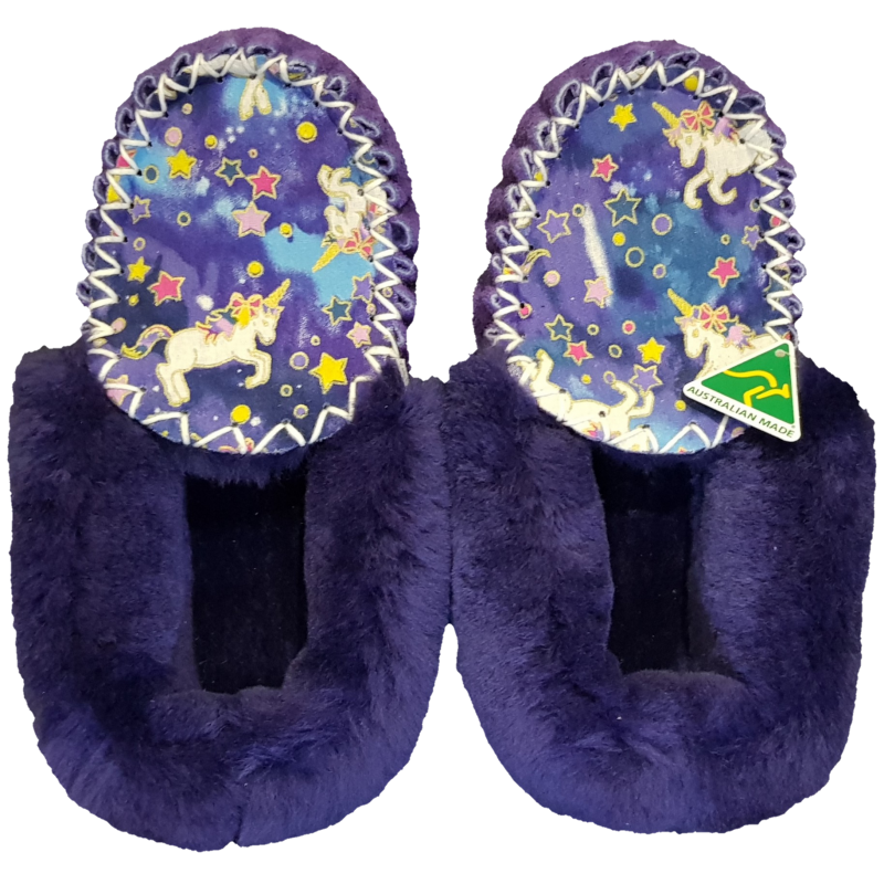 Dark Purple Unicorn Sheepskin Moccasin Slippers top
