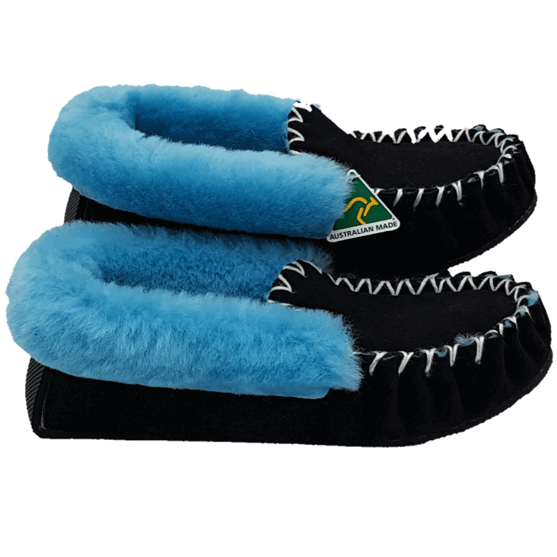 Black & Light Blue Sheepskin Moccasin Slippers side
