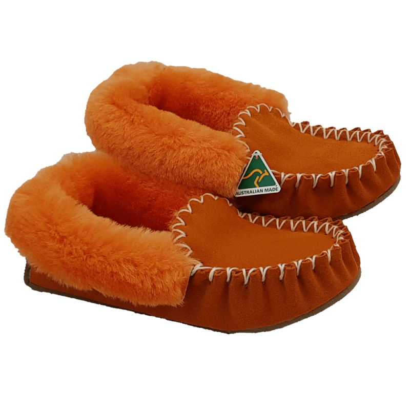 Orange Sheepskin Moccasin Slippers side
