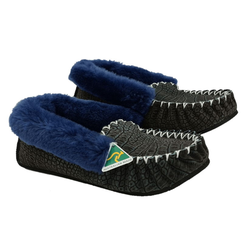 Blue Crocodile Sheepskin Moccasin Slippers side