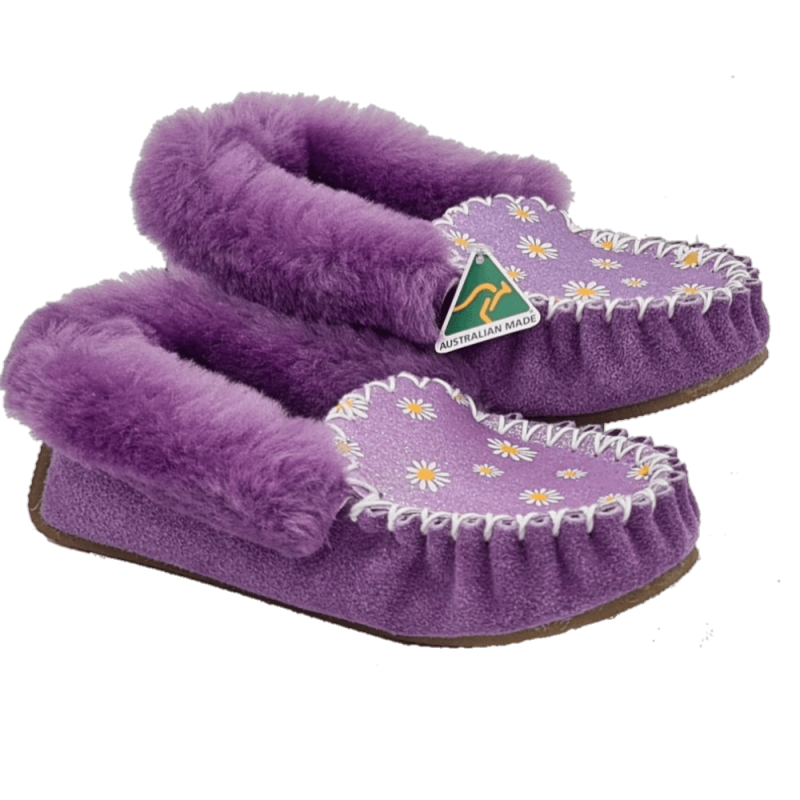 Purple Glow Flower Sheepskin Moccasin Slippers side