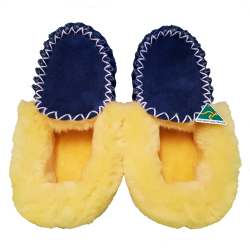Navy Yellow Sheepskin Moccasin Slippers top