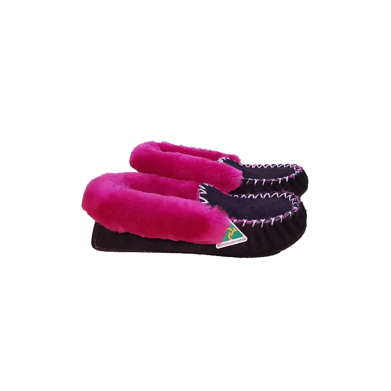 Black Hot Pink Sheepskin Moccasin Slippers Side